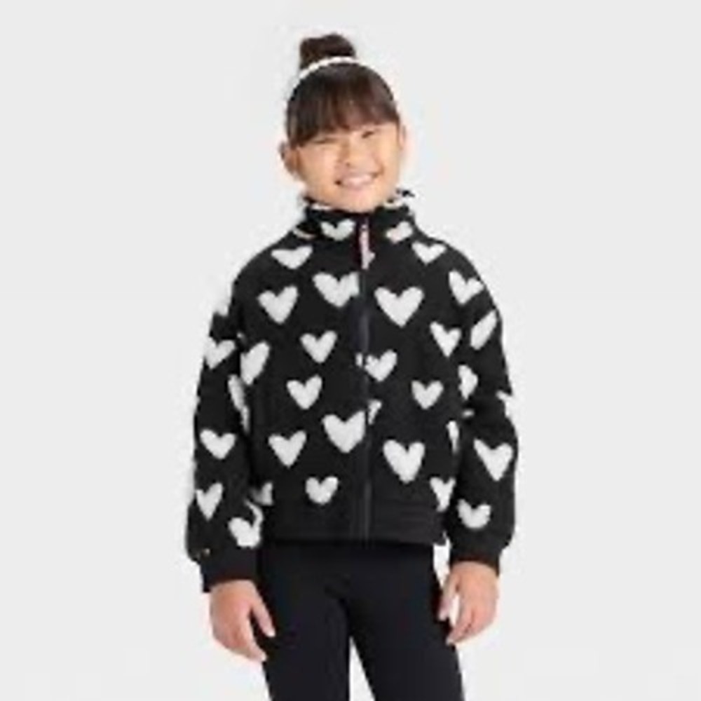 Cat & Jack Girls Black Sherpa Heart Fleece Bomber Jacket 5T NWT Mock Neck Zip Up